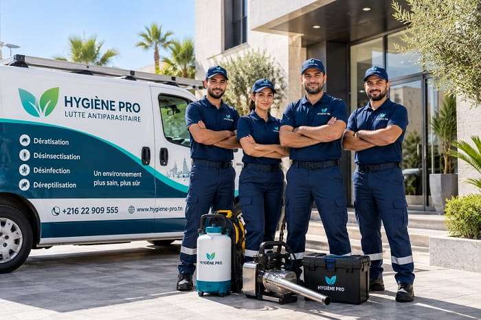 Équipe Hygiène Pro avec un véhicule d'intervention devant leur agence en Tunisie